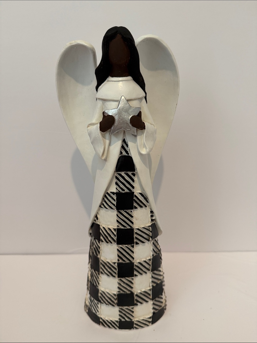Angel Black and White Buffalo Plaid Figurine Holding Star